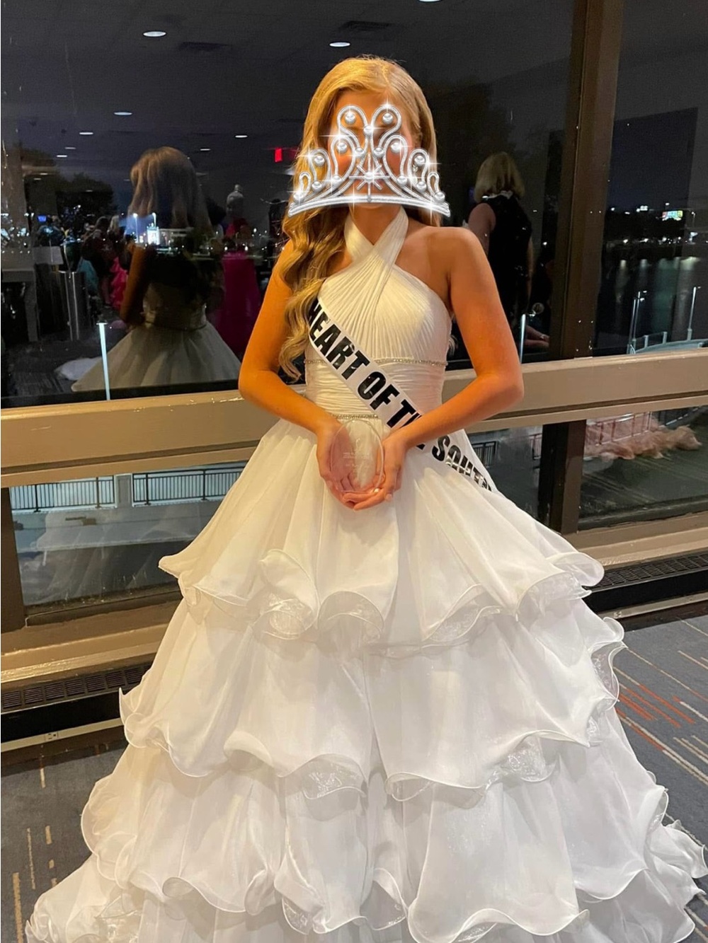 Johnathan Kayne White Cross-Neck Ruffled Ball Gown